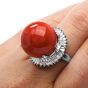 Estate  18mm Natural Red Coral Diamond Halo  Platinum Cocktail Ring