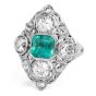 Antique Art Deco Diamond Emerald Platinum Filigree Navette Cocktail Ring 