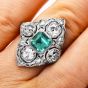 Antique Art Deco Diamond Emerald Platinum Filigree Navette Cocktail Ring 