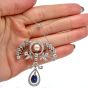 Antique Edwardian Diamond GIA Natural Pearl Sapphire Platinum  Floral Pendant Chain Necklace 