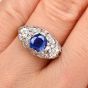 Vintage Kashmir Sapphire Diamond Platinum Three Stone Engagement Ring|DoverJewelry|