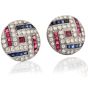 Vintage Retro Diamond Sapphire Ruby Platinum Round Clip Back Earrings 