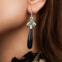 Vintage Diamond Emerald Onyx Platinum Ribbon Long Drop Dangle Earrings
