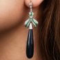 Vintage Diamond Emerald Onyx Platinum Ribbon Long Drop Dangle Earrings