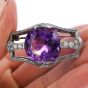 GIA Large Cushion Amethyst & Diamond Platinum Brooch Pin. 