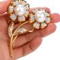 Estate Diamond Pearl 18K Gold Double Flower Pin Brooch