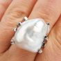 Estate Large Baroque White Pearl Platinum  Cocktail Ring