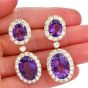 Vintage Retro 6cts Diamond Amethyst 18K Yellow Gold Halo Dangle Drop Earrings