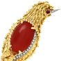 Vintage Diamond Red Coral Ruby 18K Yellow Gold Quetzal Fine Bird Brooch Pin