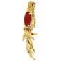 Vintage Diamond Red Coral Ruby 18K Yellow Gold Quetzal Fine Bird Brooch Pin