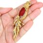 Vintage Diamond Red Coral Ruby 18K Yellow Gold Quetzal Fine Bird Brooch Pin
