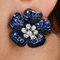 Vintage Diamond Blue Sapphire 18K White Gold Flower Clip On Earrings