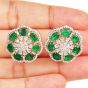 Estate Flower Emerald Diamond 18K Gold Stud Earrings