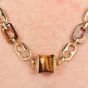 Estate Tiger's Eye 18K Gold Barrel Link Long Necklace-Dover Jewelry