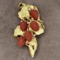 Vintage Diamond Carved Coral 18K Gold Strawberries Floral Leaf Brooch Pin Pendant
