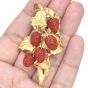 Vintage Diamond Carved Coral 18K Gold Strawberries Floral Leaf Brooch Pin Pendant