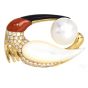 Estate Diamond Pearl Coral Onyx 18K Gold White Ibis Bird Brooch Pendant