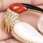 Estate Diamond Pearl Coral Onyx 18K Gold White Ibis Bird Brooch Pendant