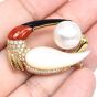 Estate Diamond Pearl Coral Onyx 18K Gold White Ibis Bird Brooch Pendant