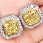 Estate Cushion Yellow Diamond Platinum Gold Halo Stud Earrings