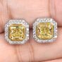 Estate Cushion Yellow Diamond Platinum Gold Halo Stud Earrings
