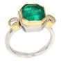 Estate Ascher-cut Emerald Diamond Platinum Three Stone 18k Gold Ring