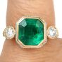 Estate Ascher-cut Emerald Diamond Platinum Three Stone 18k Gold Ring