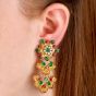 Emerald Ruby Diamond 18K Gold Flower Dangle Earrings