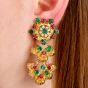 Emerald Ruby Diamond 18K Gold Flower Dangle Earrings