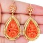 Vintage Carved Coral Butterfly Garden 18K Gold Frame Drop Earrings