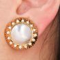 Estate Sunflower Diamond Pearl 18k Gold Clip-on Stud Earrings
