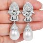 Estate Diamond Platinum Scalloped South Sea Pearl Dangle Drop Earrings-Dover Jewelry