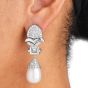 Estate Diamond Platinum Scalloped South Sea Pearl Dangle Drop Earrings-Dover Jewelry