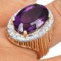 Estate Amethyst 16.98cts Diamond 14K Gold Halo Grooved Cocktail Ring 