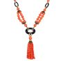 Vintage 1970s Diamond Coral Onyx 18K Gold Tassel Statement Necklace-Dover Jewelry