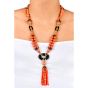 Vintage 1970s Diamond Coral Onyx 18K Gold Tassel Statement Necklace-Dover Jewelry