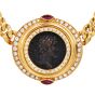 1980's Monete 18k Gold Coin Diamond Ruby Chain Necklace