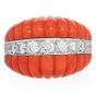 1970S Red Coral 18K Yellow Gold Dome Shape Diamond Cocktail Ring 