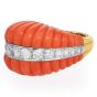 1970S Red Coral 18K Yellow Gold Dome Shape Diamond Cocktail Ring 