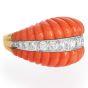 1970S Red Coral 18K Yellow Gold Dome Shape Diamond Cocktail Ring 