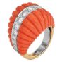 1970S Red Coral 18K Yellow Gold Dome Shape Diamond Cocktail Ring 