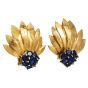 Vintage chic sapphire 18k Yellow Gold Floral Leaf Clip  Earrings