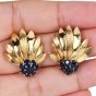 Vintage chic sapphire 18k Yellow Gold Floral Leaf Clip  Earrings