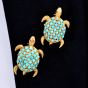 Vintage Set of Two Turtles Persian Turquises Ruby 18K Yellow Gold Brooch Pin