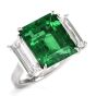 Three Stone Rectangular Emerald Diamond Platinum Ring 