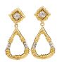 Estate Diamond 18K Yellow Gold Hoop Dangle Clip On Earrings 
