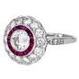 Deco Style European-Cut Diamond French-Cut  Ruby Floral Platinum Ring