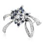 Vintage Diamond Blue Sapphire 18K White Gold Cluster Flower Ribbon Brooch Pin