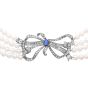 Vintage Diamond Sapphire Platinum Bow Pendant Multi Strand Pearl Necklace