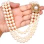 David Webb Diamond Pearl 18K Yellow Gold Flower Clasp Triple Strand Necklace